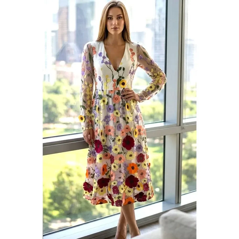 Lulus White 3D Floral Embroidered Front Back Blossom Midi Dress Size S NEW - Picture 4 of 14